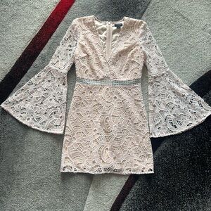 Marciano Pink Floral Lace Bell Sleeve Mini Dress
